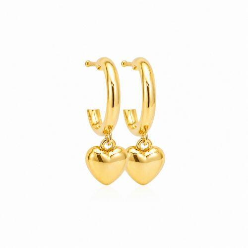 Brinco Argola Meia Cana 1.5 cm com Coração Liso Banhado em Ouro 18k