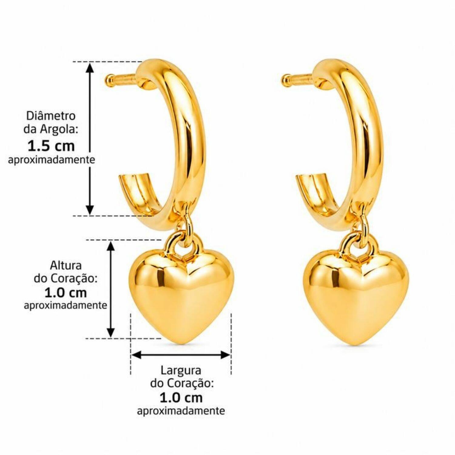 Brinco Argola Meia Cana 1.5 cm com Coração Liso Banhado em Ouro 18k