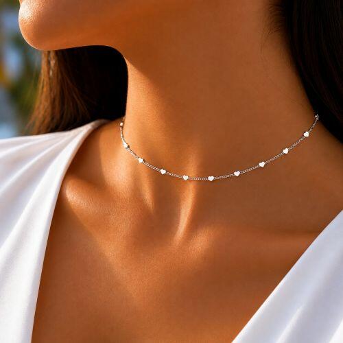 Choker Mini Corações Liso Banhado a Prata