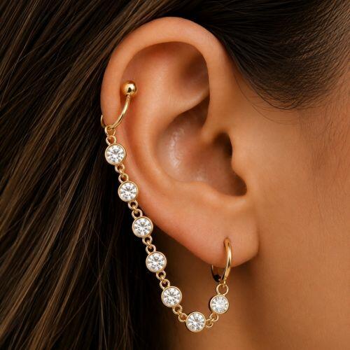 Brinco Ear Line Ponto de Luz com Piercing Fake Banhado a Ouro