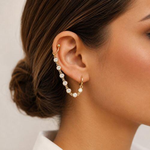 Brinco Ear Line Ponto de Luz com Piercing Fake Banhado a Ouro