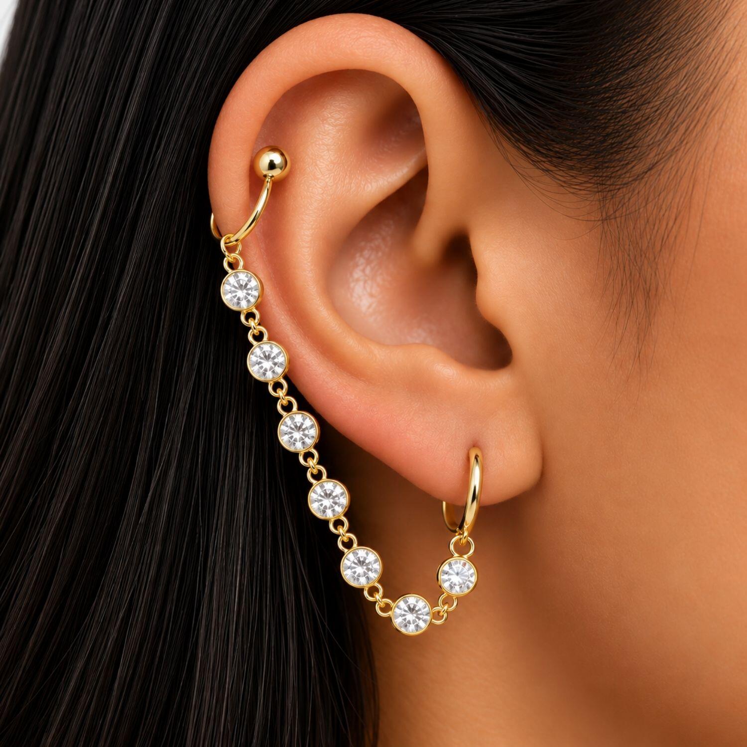 Brinco Ear Line Ponto de Luz com Piercing Fake Banhado a Ouro
