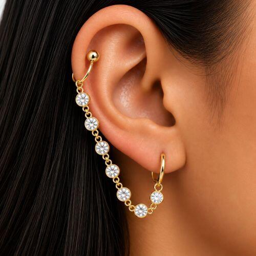 Brinco Ear Line Ponto de Luz com Piercing Fake Banhado a Ouro