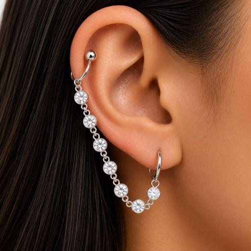 Brinco Ear Line Ponto de Luz com Piercing Fake Banhado a Prata