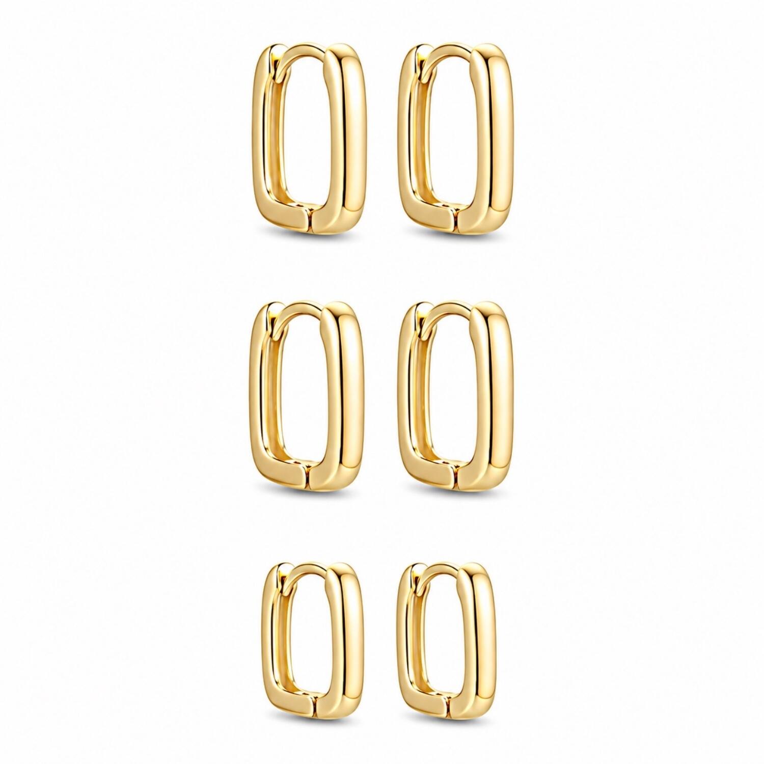 Brinco Trio Argola Retangular Liso Banhado em Ouro 18K