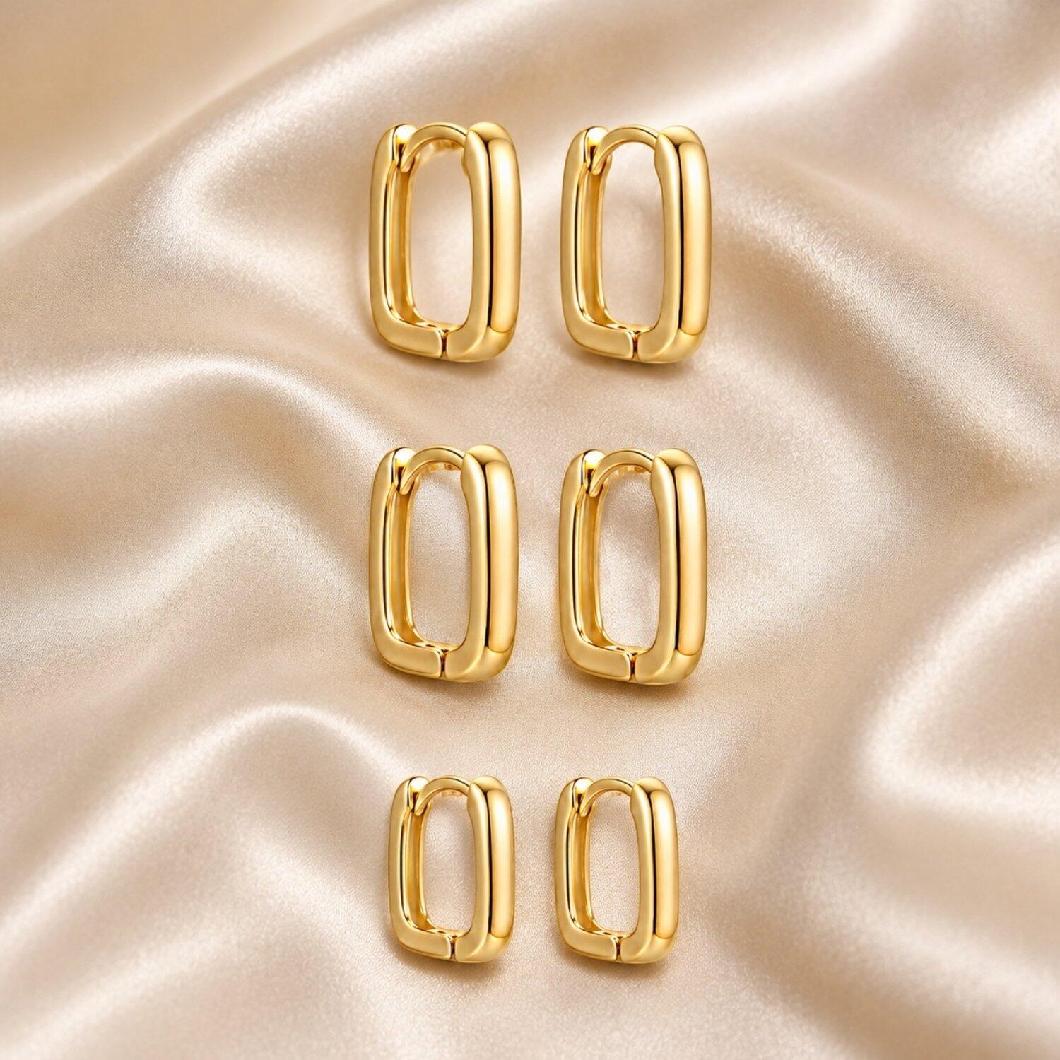 Brinco Trio Argola Retangular Liso Banhado em Ouro 18K