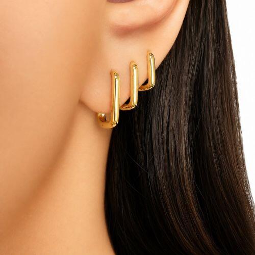 Brinco Trio Argola Retangular Liso Banhado em Ouro 18K