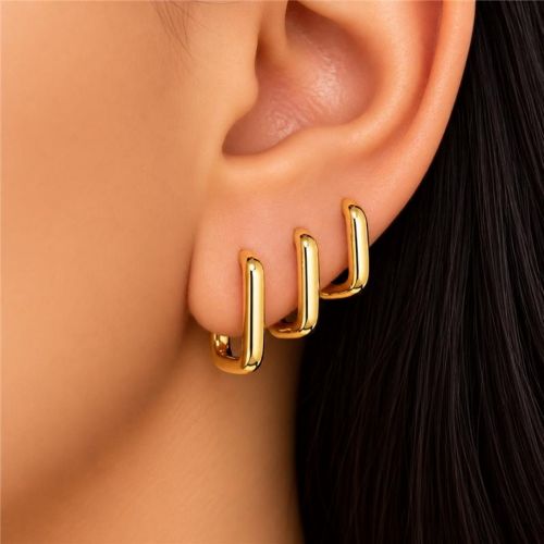 Brinco Trio Argola Retangular Liso Banhado em Ouro 18K