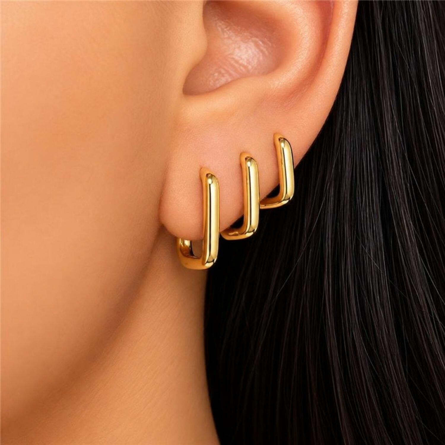 Brinco Trio Argola Retangular Liso Banhado em Ouro 18K