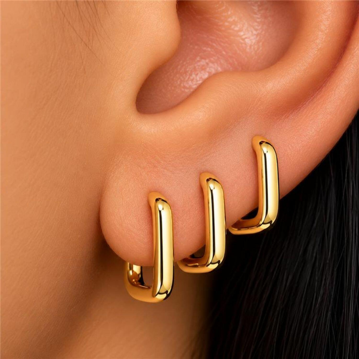 Brinco Trio Argola Retangular Liso Banhado em Ouro 18K
