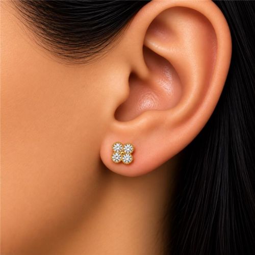 Brinco Mini Flor 4 P�talas Zirc�nia Cristal Banhado a Ouro