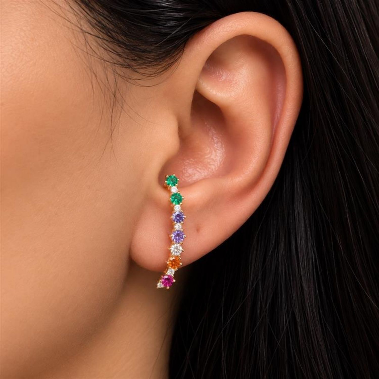 Brinco Ear Hook Zircônia Colorida Banhado a Prata