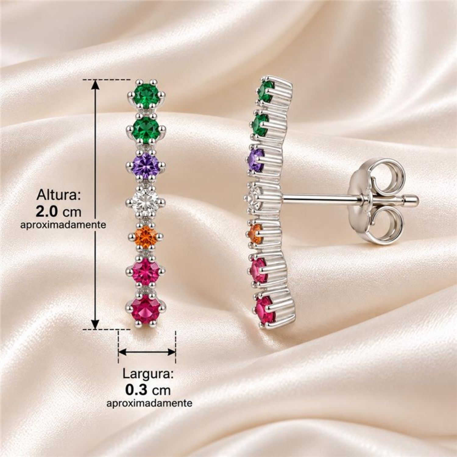 Brinco Ear Hook Zircônia Colorida Banhado a Prata