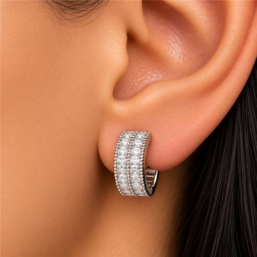 Brinco Argola 2 Fileiras Baguette Zircônia Cristal Banhado a Prata