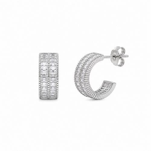 Brinco Argola 2 Fileiras Baguette Zirc�nia Cristal Banhado a Prata