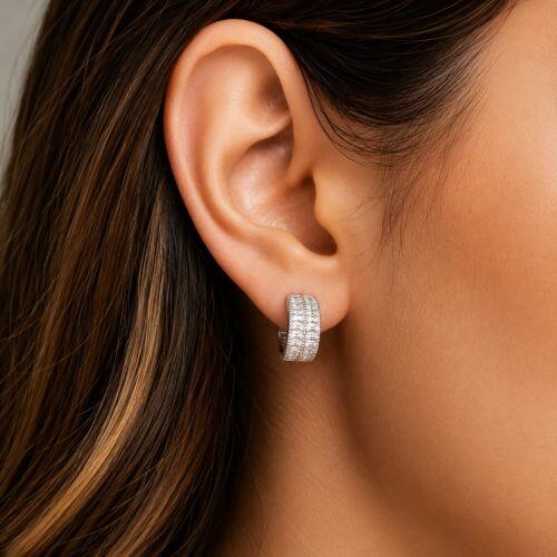 Brinco Argola 2 Fileiras Baguette Zirc�nia Cristal Banhado a Prata