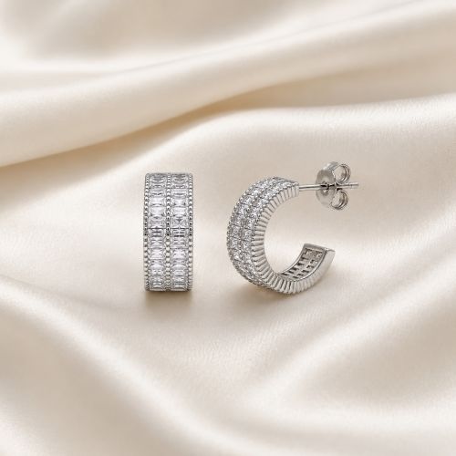 Brinco Argola 2 Fileiras Baguette Zirc�nia Cristal Banhado a Prata