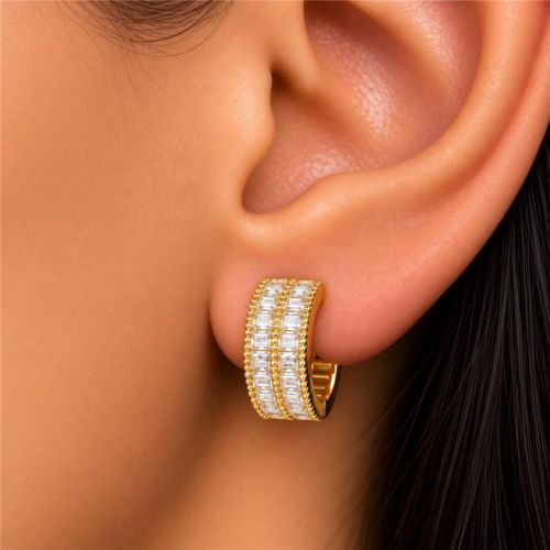 Brinco Argola 2 Fileiras Baguette Zirc�nia Cristal Banhado a Ouro