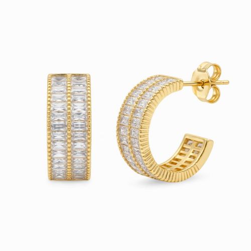 Brinco Argola 2 Fileiras Baguette Zirc�nia Cristal Banhado a Ouro