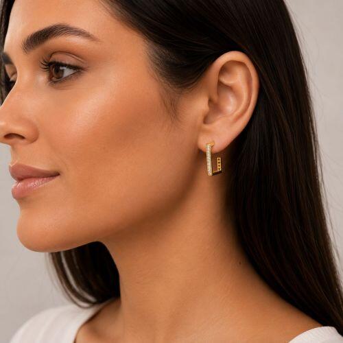 Brinco Argola Quadrada Baguette Zircônia Cristal Banhado a Ouro