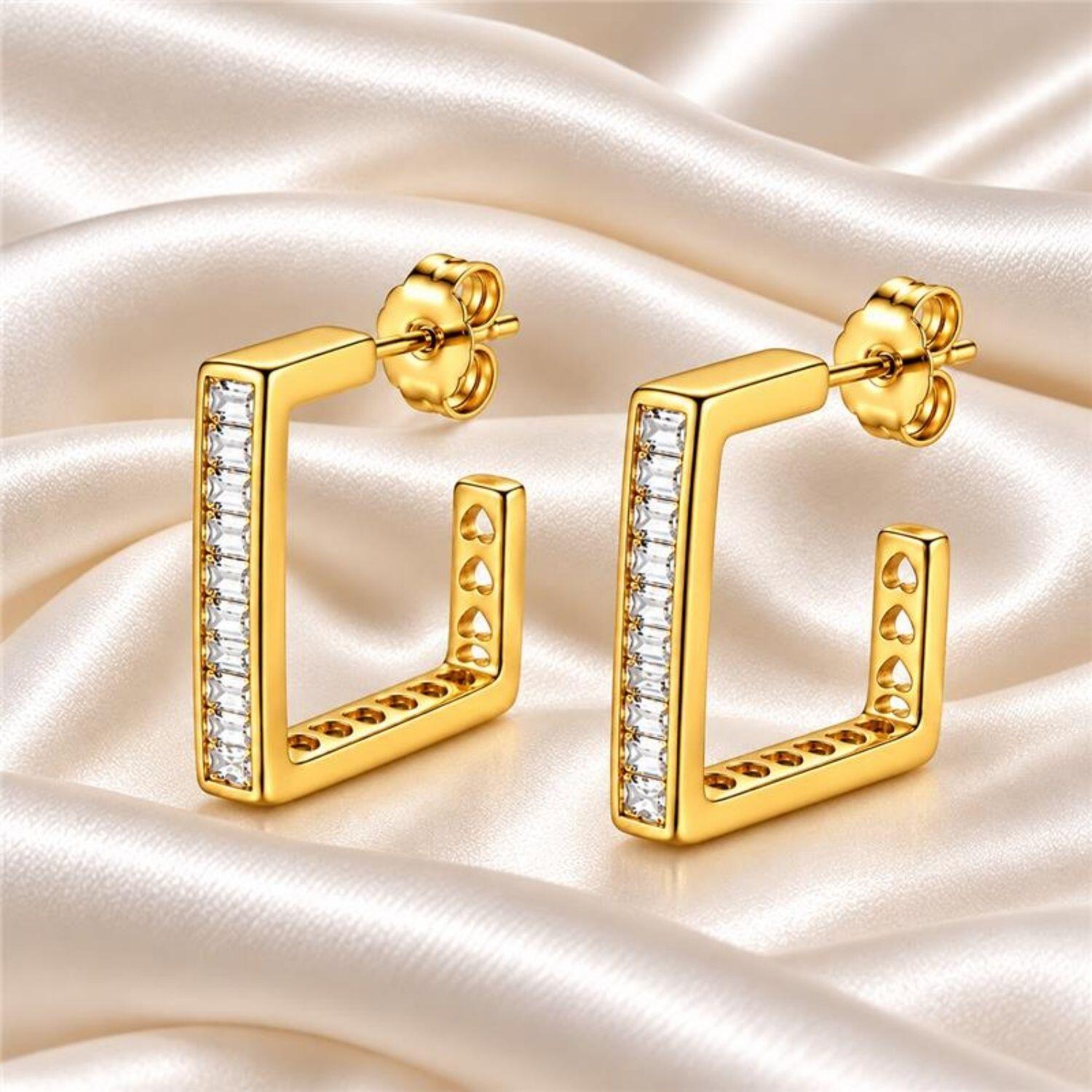 Brinco Argola Quadrada Baguette Zircônia Cristal Banhado a Ouro