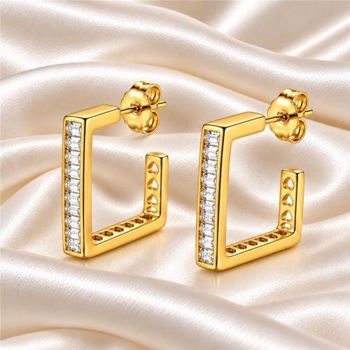 Brinco Argola Quadrada Baguette Zircônia Cristal Banhado a Ouro