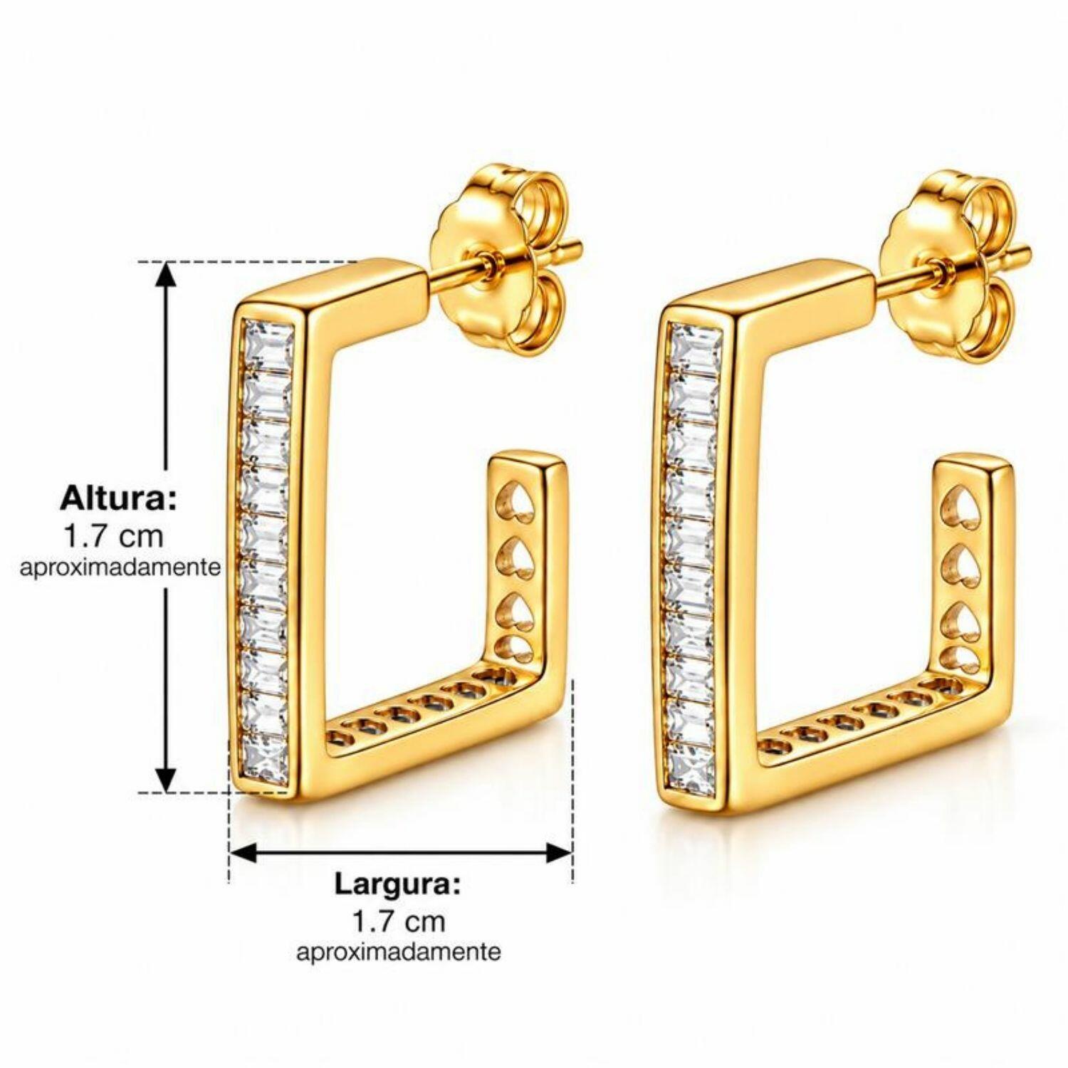 Brinco Argola Quadrada Baguette Zircônia Cristal Banhado a Ouro