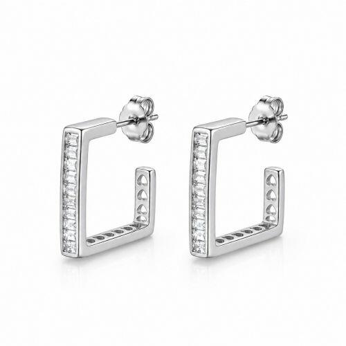Brinco Argola Quadrada Baguette Zirc�nia Cristal Banhado a Prata