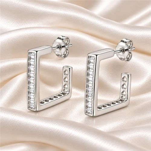 Brinco Argola Quadrada Baguette Zirc�nia Cristal Banhado a Prata