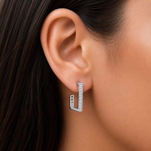 Brinco Argola Quadrada Baguette Zirc�nia Cristal Banhado a Prata