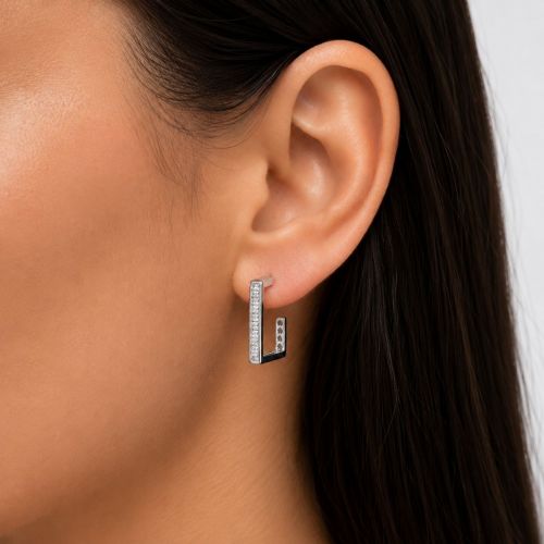 Brinco Argola Quadrada Baguette Zirc�nia Cristal Banhado a Prata
