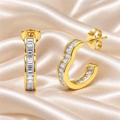 Brinco Argola Coração Baguette Zircônia Cristal Banhado a Ouro