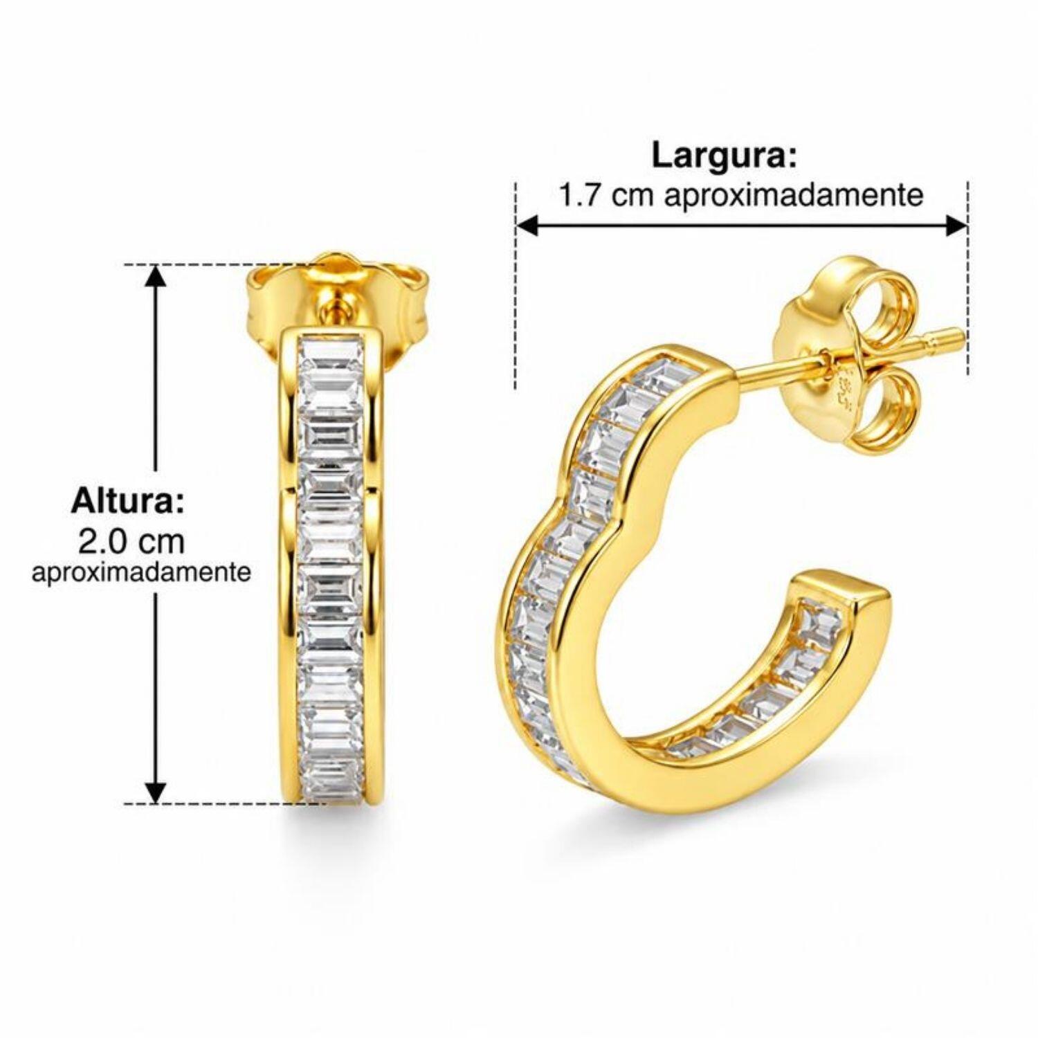 Brinco Argola Coração Baguette Zircônia Cristal Banhado a Ouro