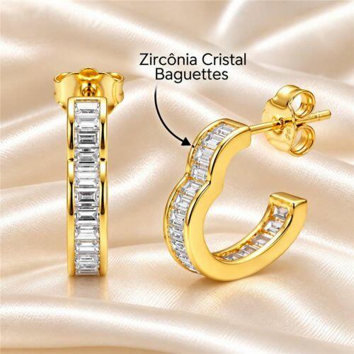 Brinco Argola Coração Baguette Zircônia Cristal Banhado a Ouro