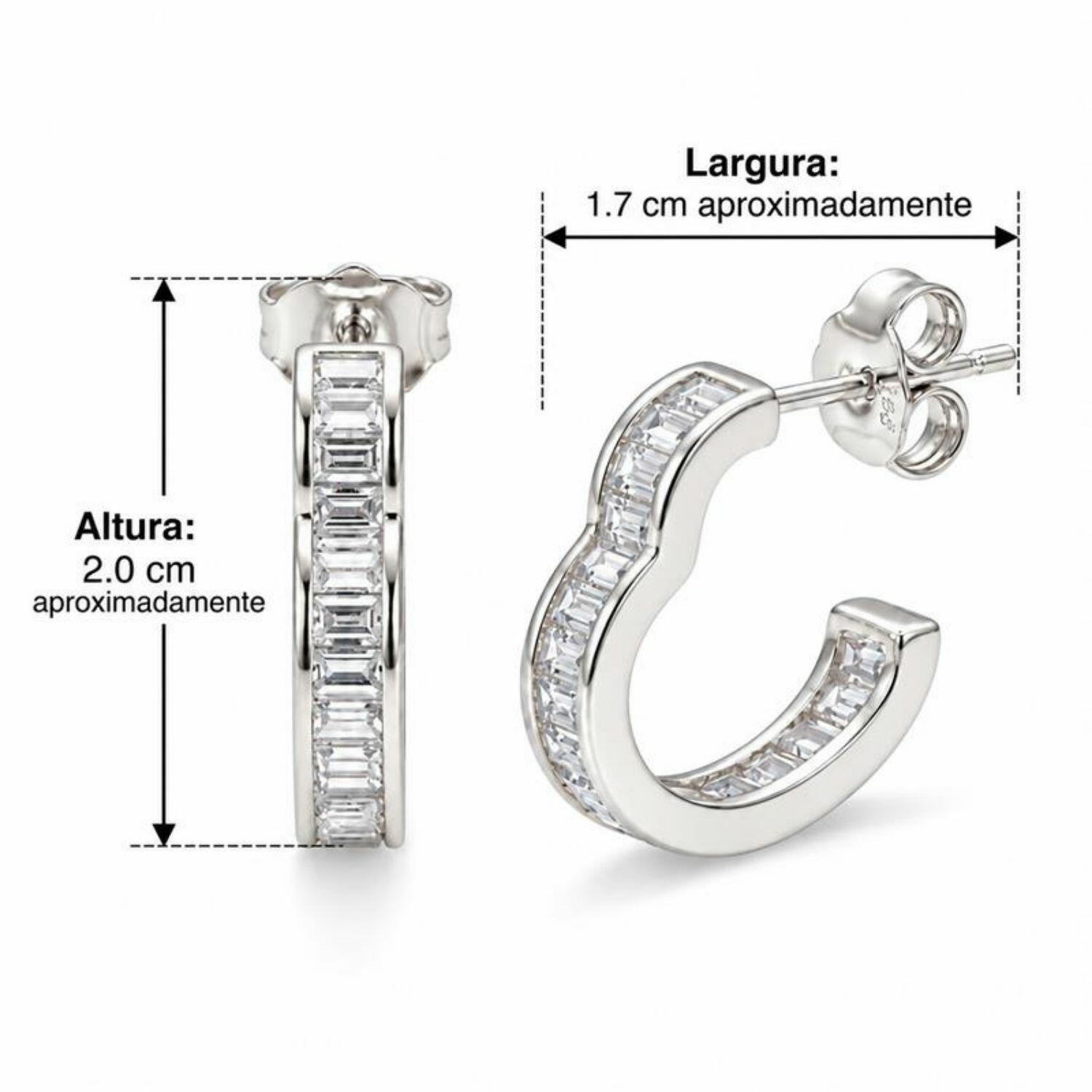 Brinco Argola Coração Baguette Zircônia Cristal Banhado a Prata