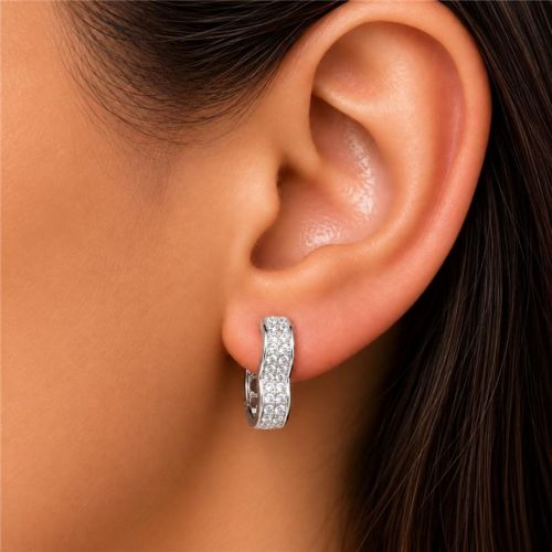 Brinco Argola Cora��o 2 Fileiras de Micro Zirc�nia Cristal Banhado a Prata