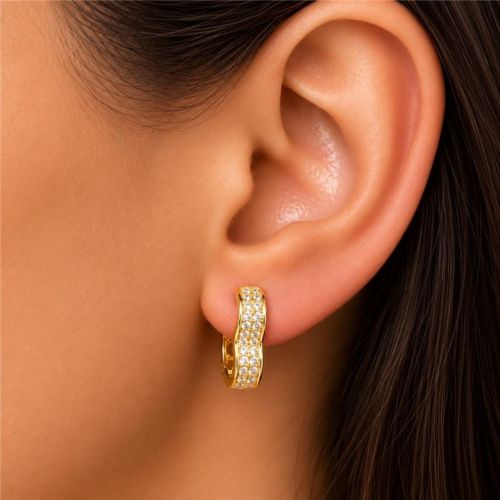 Brinco Argola Cora��o 2 Fieleiras de Micro Zirc�nia Cristal Banhado a Ouro