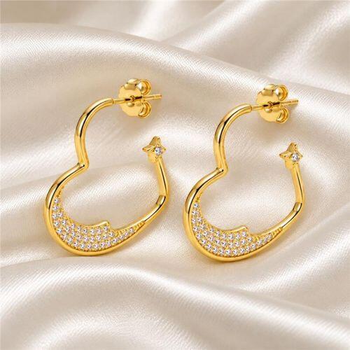 Brinco Argola Coração com Micro Zircônia Cristal Banhado a Ouro
