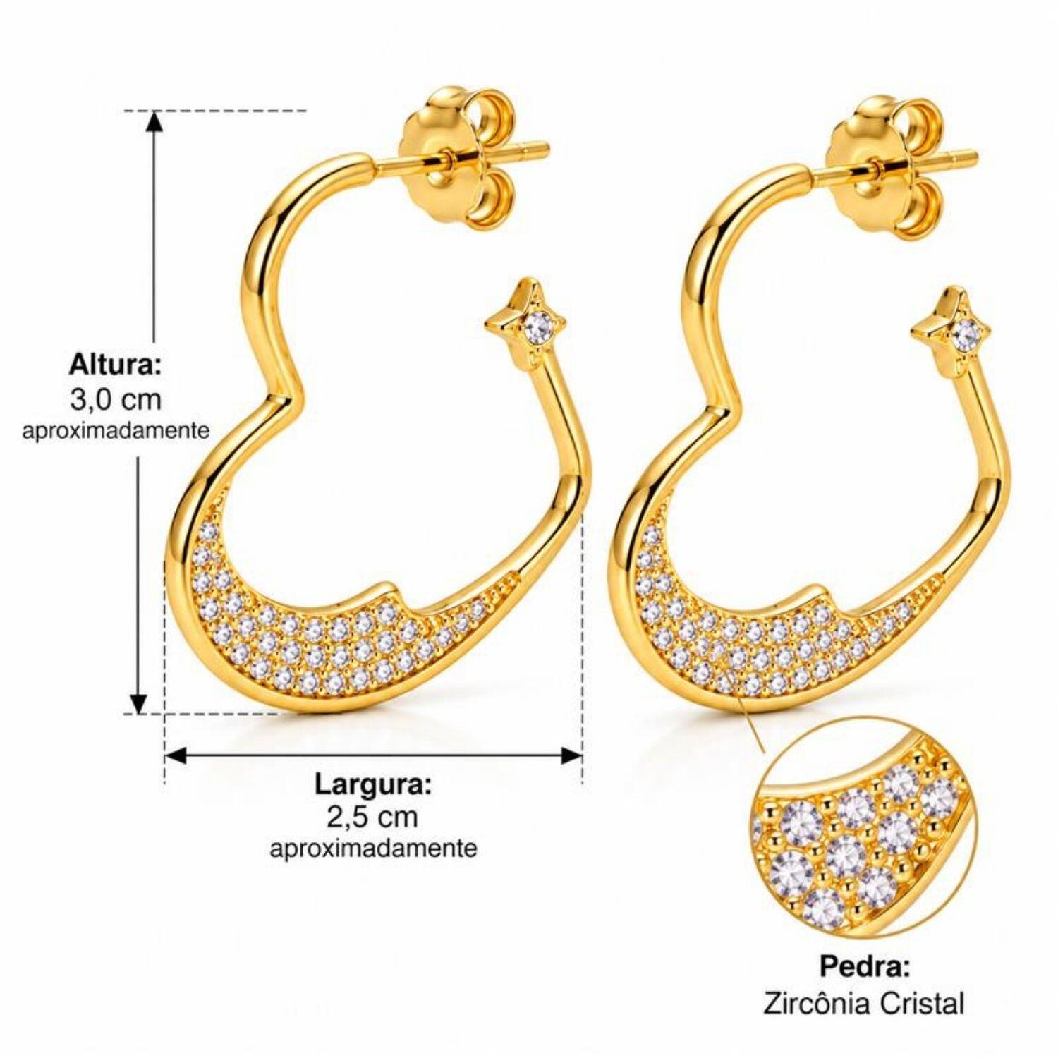 Brinco Argola Coração com Micro Zircônia Cristal Banhado a Ouro