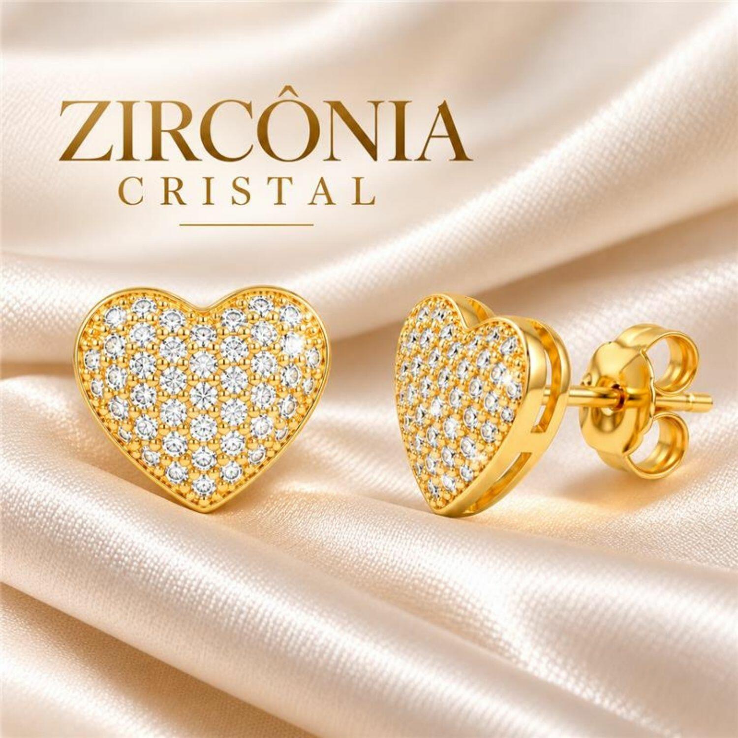 Brinco Coração Micro Zircônia Cristal Banhado a Ouro