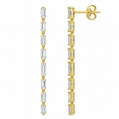 Brinco Fio Baguette Fino Zirc�nia Cristal Banhado a Ouro