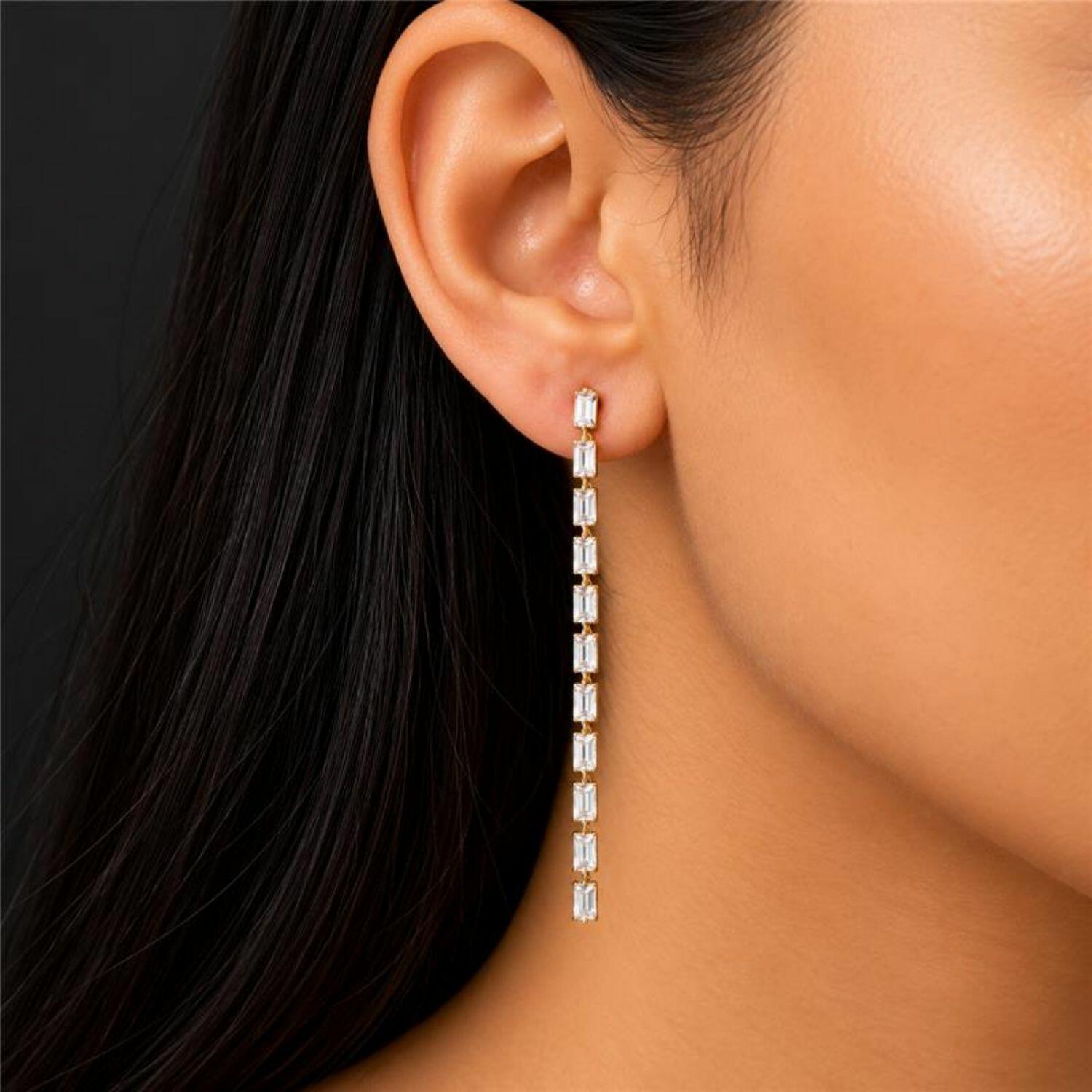 Brinco Fio Baguette Fino Zircônia Cristal Banhado a Ouro