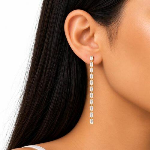 Brinco Fio Baguette Fino Zircônia Cristal Banhado a Ouro