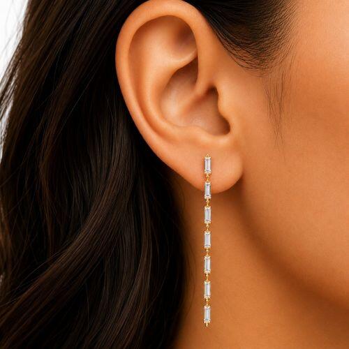 Brinco Fio Baguette Fino Zirc�nia Cristal Banhado a Ouro