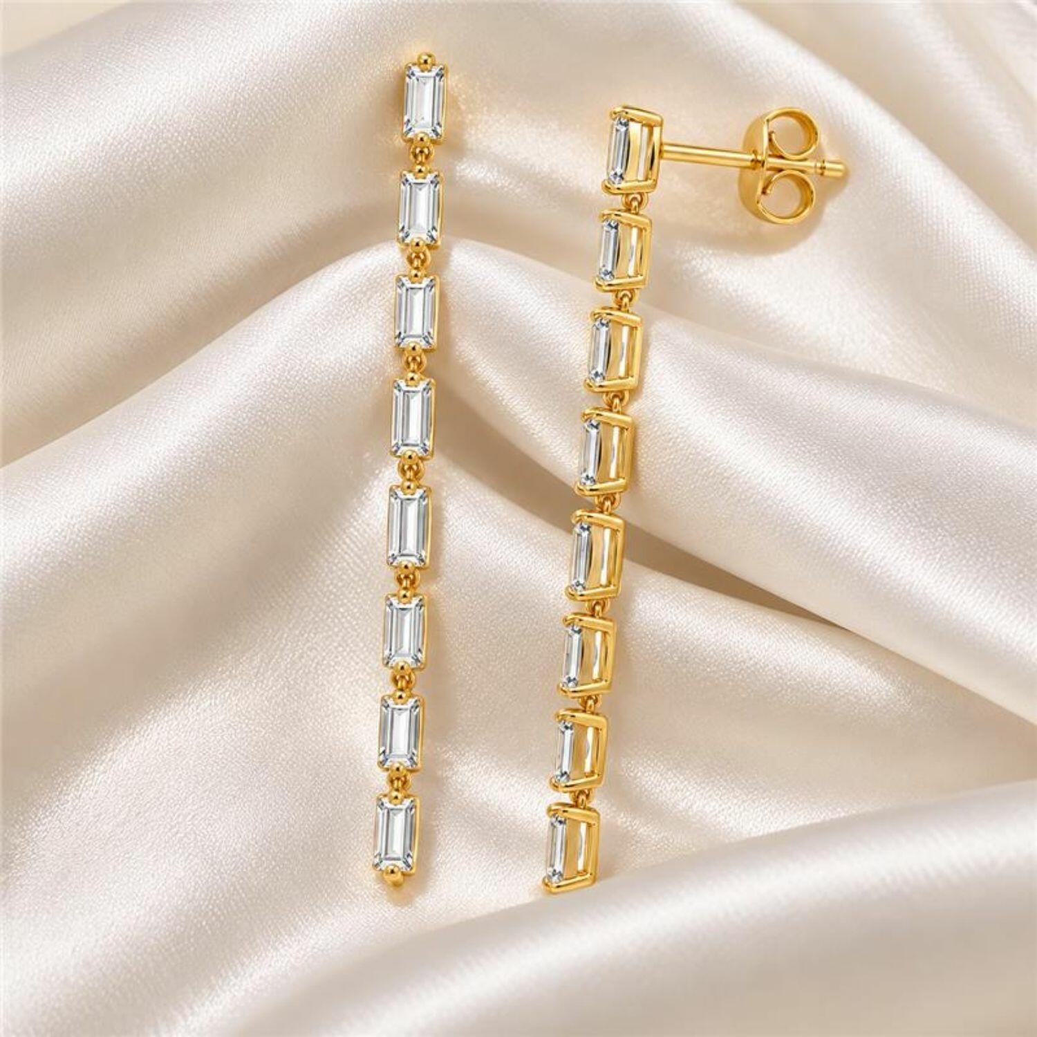 Brinco Fio Baguette Fino Zircônia Cristal Banhado a Ouro