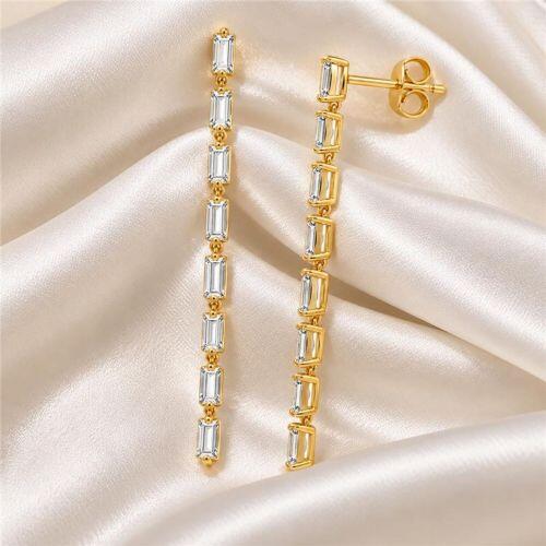Brinco Fio Baguette Fino Zircônia Cristal Banhado a Ouro