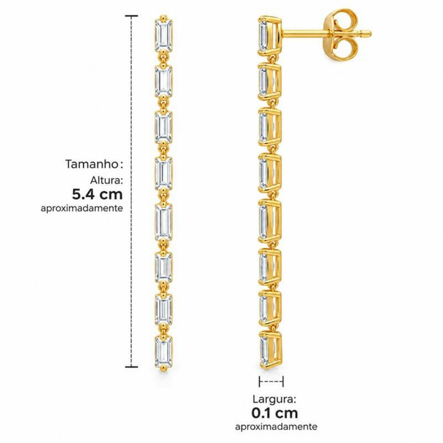 Brinco Fio Baguette Fino Zircônia Cristal Banhado a Ouro