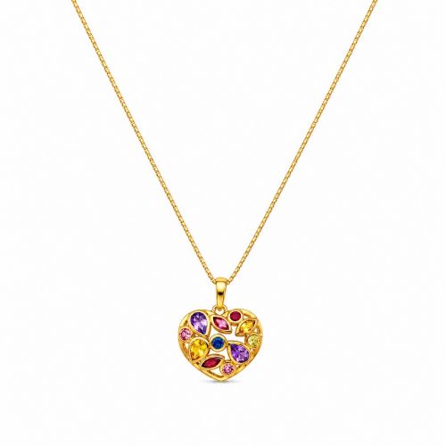 Colar Coração com Navete Zircônia Colorida Banhado a Ouro