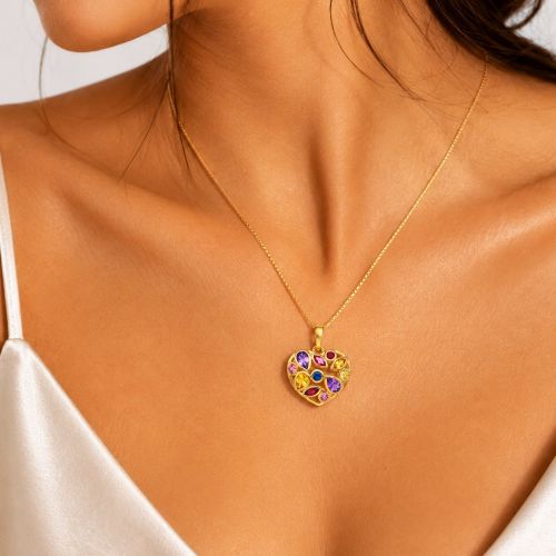 Colar Coração com Navete Zircônia Colorida Banhado a Ouro