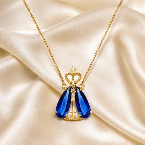 Colar Nossa Senhora com Gota Zircônia Azul Safira Banhado em Ouro 18K